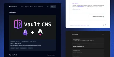 Vista previa de Astro Modular, mostrando diferentes opciones de tema y diseño.