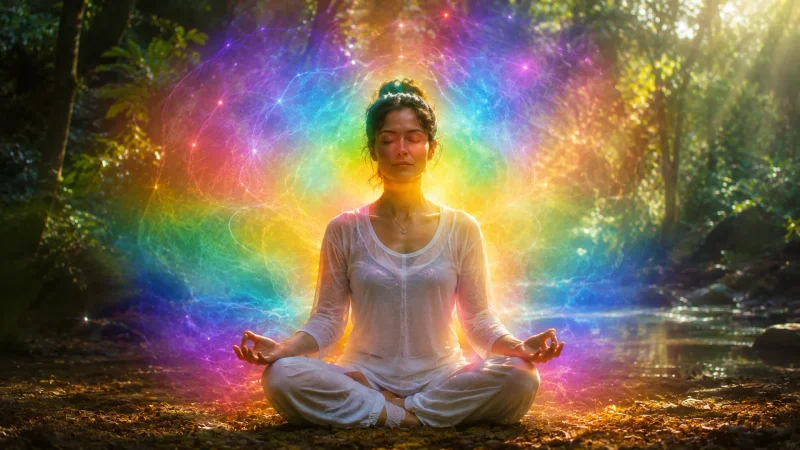 Representación visual de los campos sutiles y vibracionales que componen el aura humana.