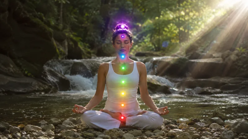 Representación de la alineación de los siete chakras principales a lo largo de la columna vertebral.